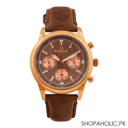 omax men's rose gold round dial with dark brown background & plain strap chronograph watch, vc02r55i main image