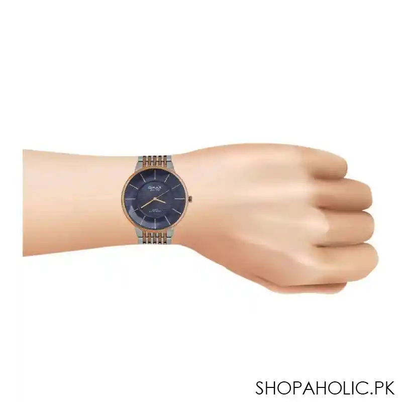 omax men's rose pink round dial with navy blue background & two tone bracelet analog watch, cgh021n012 image2