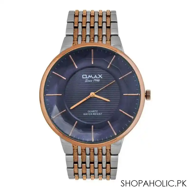 omax men's rose pink round dial with navy blue background & two tone bracelet analog watch, cgh021n012 main image