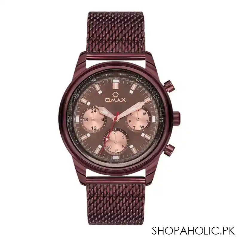 omax men's round maroon dial & bracelet chronograph watch, vc01 brown main image
