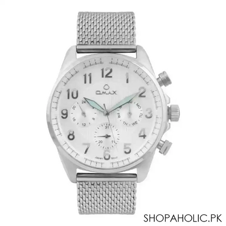 omax men's silver round dial & bracelet chronograph watch, vc05p66i main image