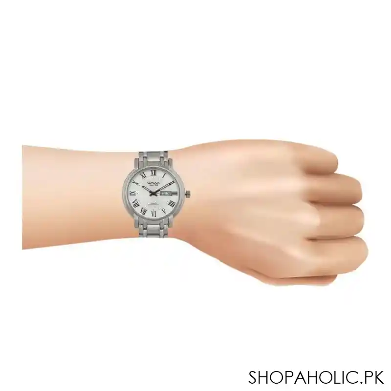 omax men's silver round dial & chain with designed white background analog watch, hyc025p028 image2