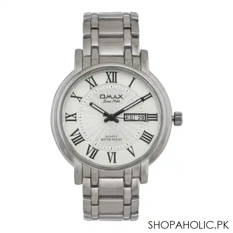omax men's silver round dial & chain with designed white background analog watch, hyc025p028 main image