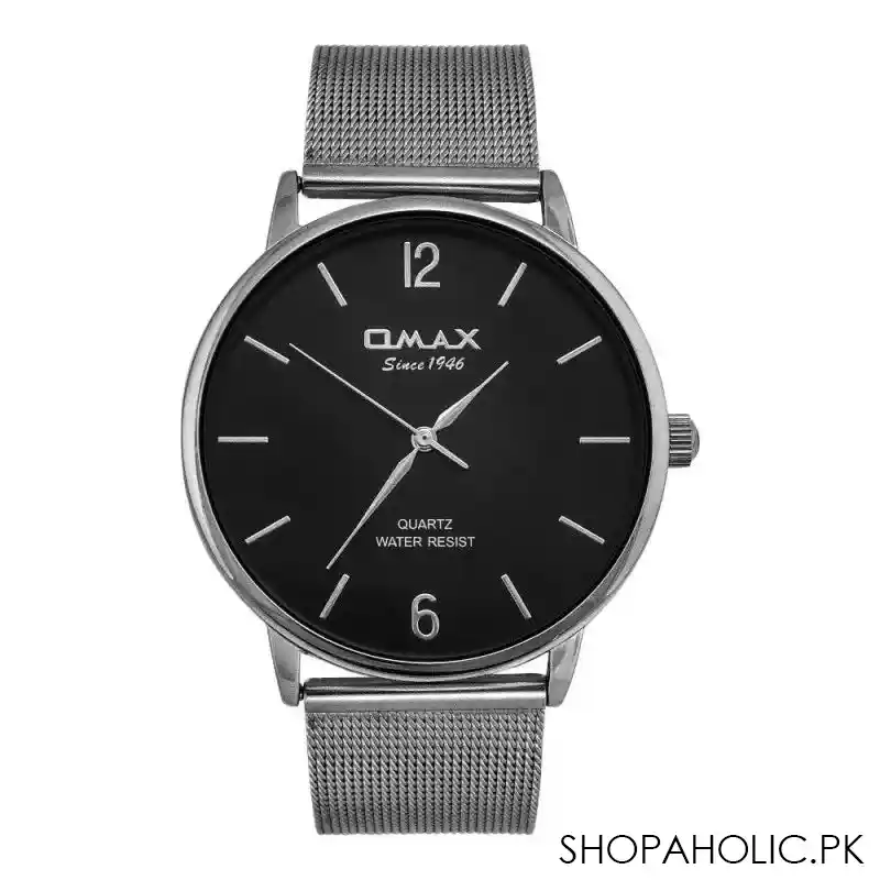 omax men's silver round dial with black background & chrome chain analog watch, hxm03p26i main image