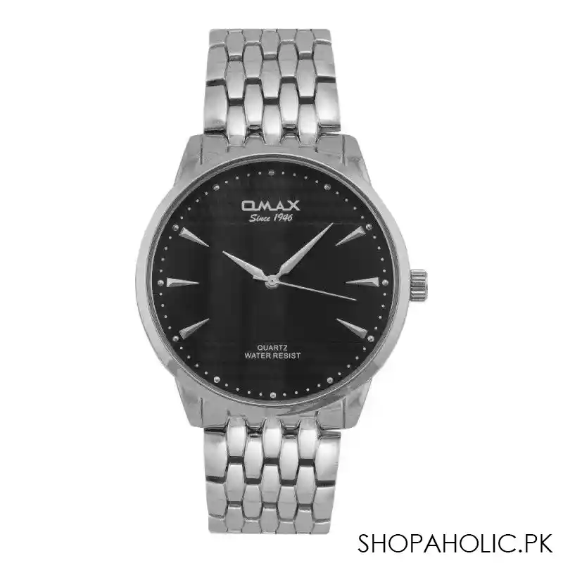omax men's silver round dial with black background & silver chain analog watch, hsc027p002 main image