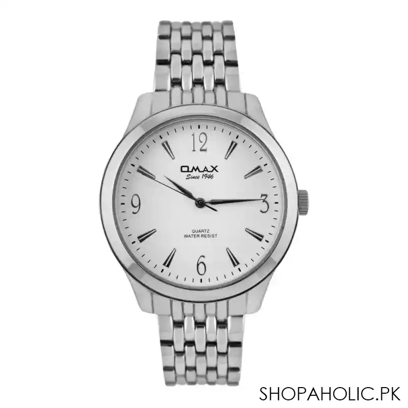 omax men's silver round dial with white background chain analog watch, hsj823p003 main image