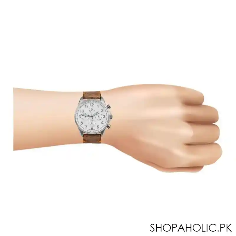 omax men's silver round dial with white background & textured brown strap chronograph watch, vc04p65i image2