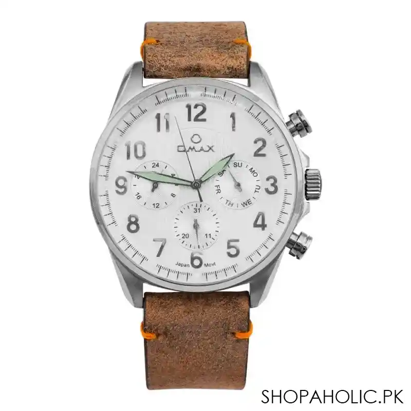 omax men's silver round dial with white background & textured brown strap chronograph watch, vc04p65i main image
