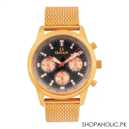 omax men's two tone round dial with black background 7 golden bracelet chronograph watch, vc01r28i main image