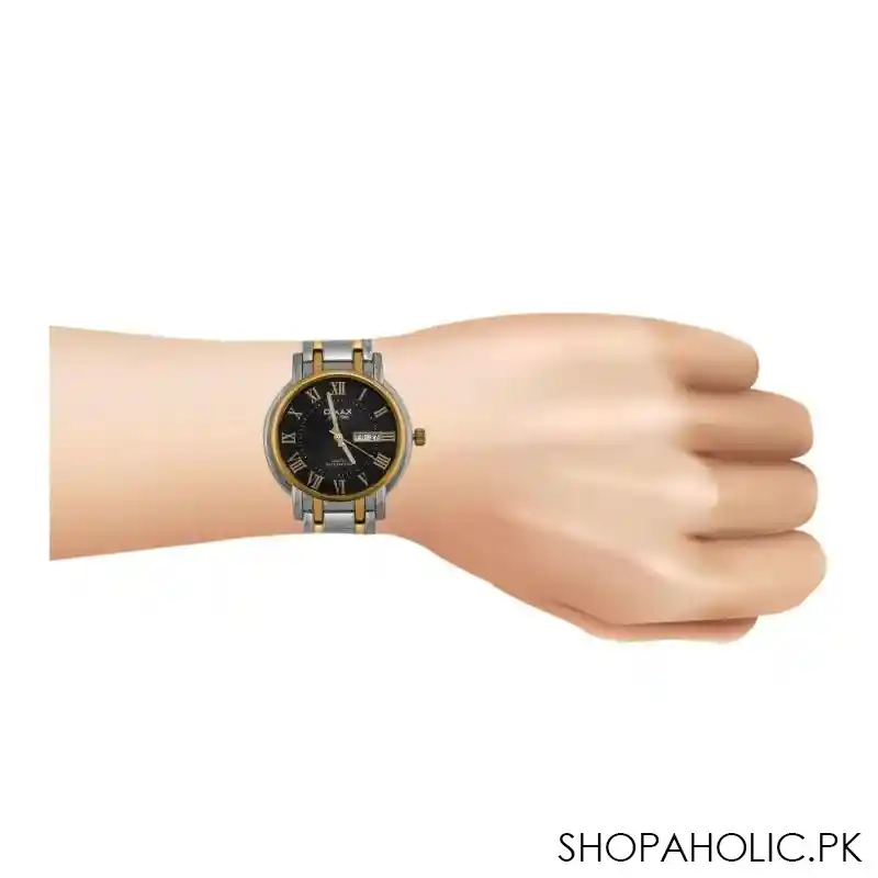 omax men's two tone round dial with black background & two tone chain analog watch, hyc025n002 image2