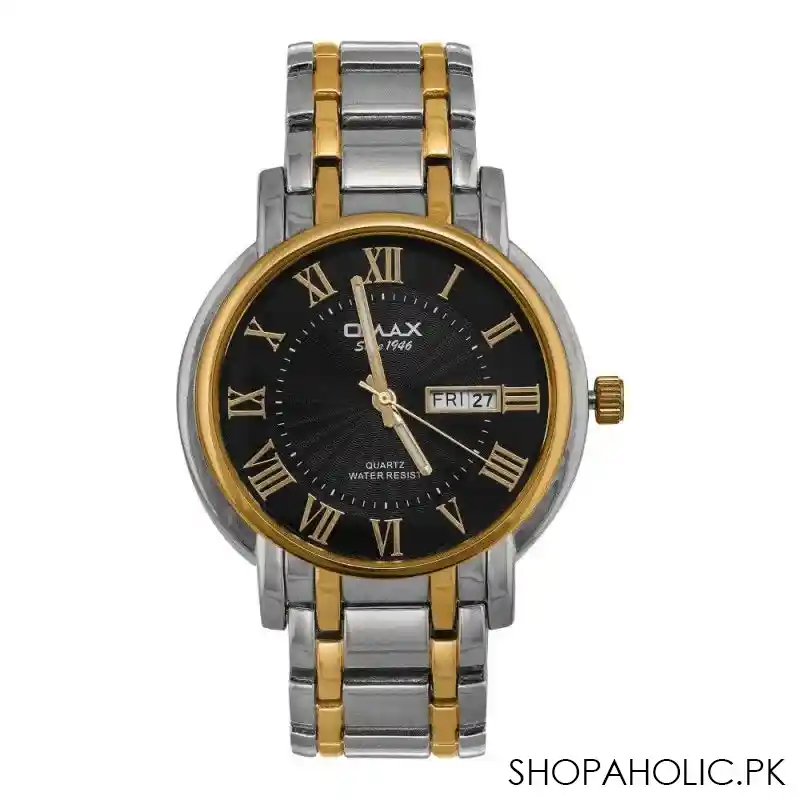omax men's two tone round dial with black background & two tone chain analog watch, hyc025n002 main image