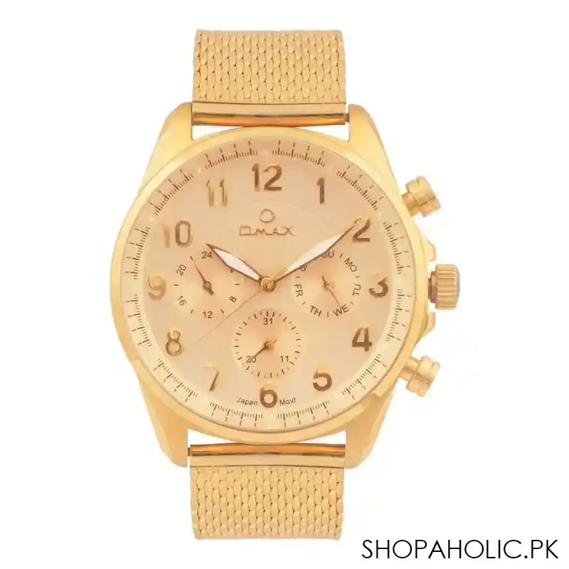 omax men's ultra golden round dial & bracelet chronograph watch, vc05g11i main image