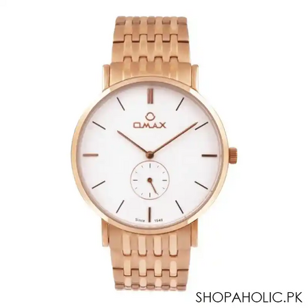 omax men's white round dial & rose gold bracelet analog watch, os01936p03 main image