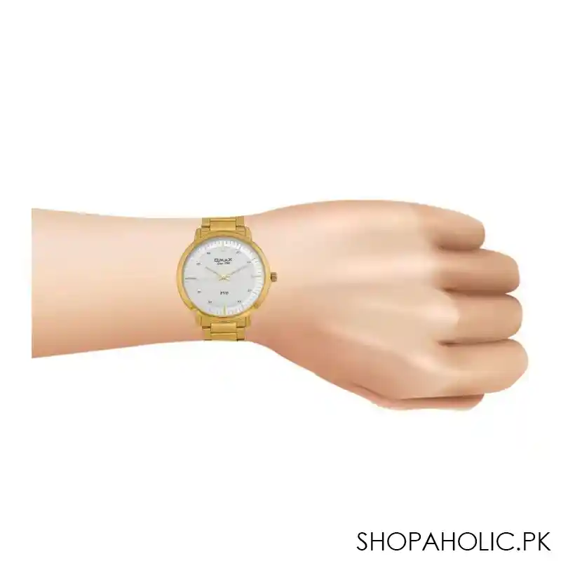 omax men's yellow gold round dial with white background chain analog watch, asl001q008 image2
