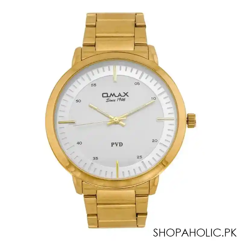 omax men's yellow gold round dial with white background chain analog watch, asl001q008 main image