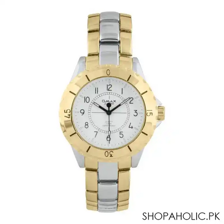omax men's yellow round case with two tone bracelet analog watch, dba381n003 main image