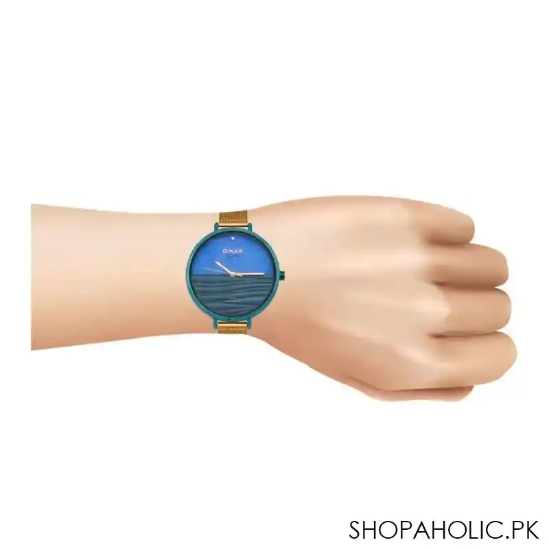 omax women's blue round dial with sea background & rust golden chain analog watch, pmm05m26i image2