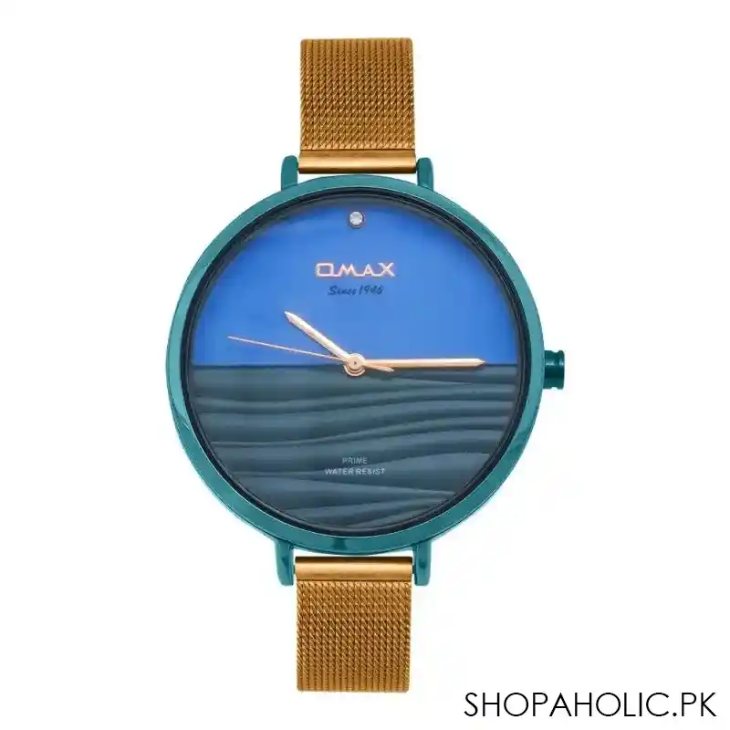 omax women's blue round dial with sea background & rust golden chain analog watch, pmm05m26i main image