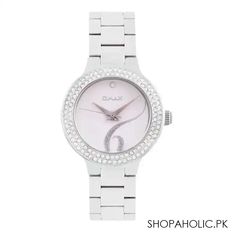 omax women's chrome designed round dial with baby pink background & bracelet analog watch, 37syp36i main image