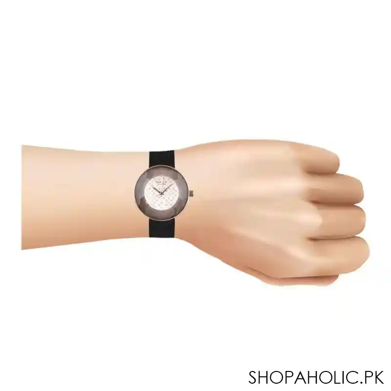 omax women's designed round dial with black texture strap analog watch, ea03n62i image2