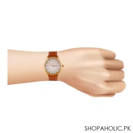 omax women's golden round dial with brown plain strap analog watch, 75smg65i image2