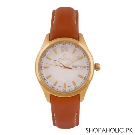 omax women's golden round dial with brown plain strap analog watch, 75smg65i main image
