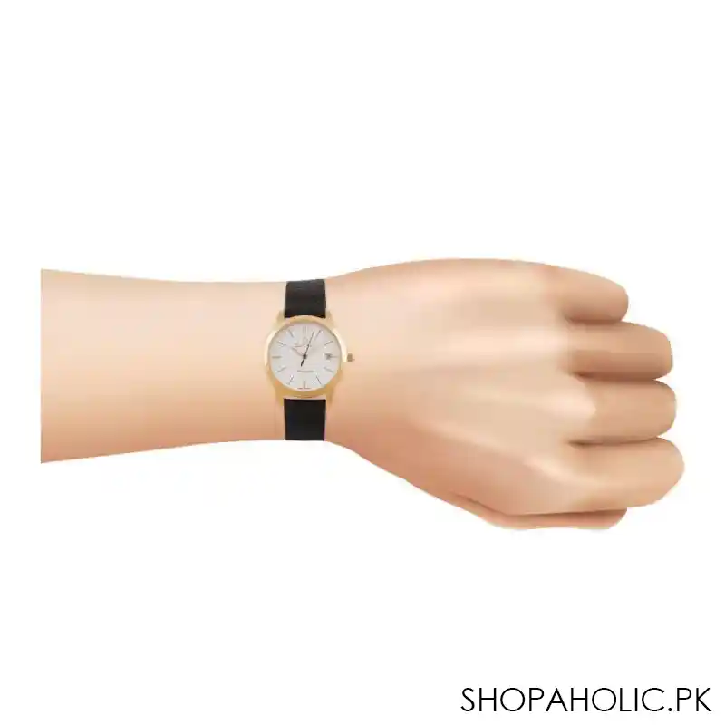 omax women's masterpiece golden round dial with white background & black plain strap analog watch, ml01 image2