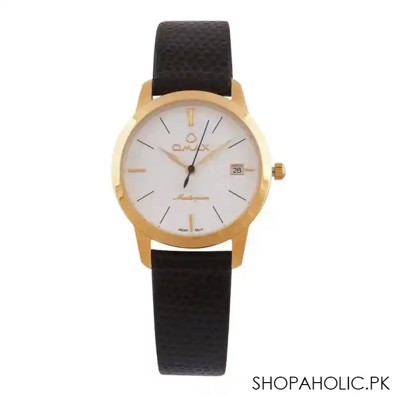 omax women's masterpiece golden round dial with white background & black plain strap analog watch, ml01 main image