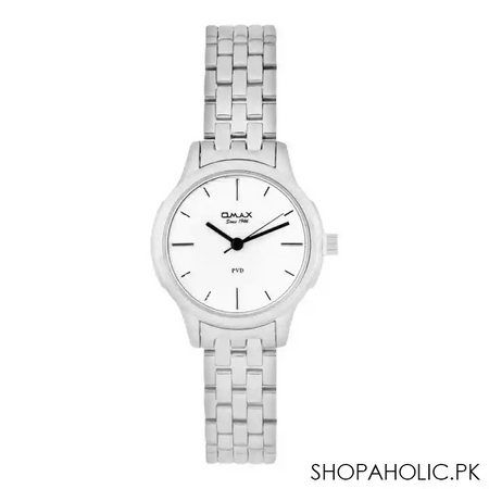 omax women's pvd white round dial & chrome bracelet analog watch, fsb002i008 main image