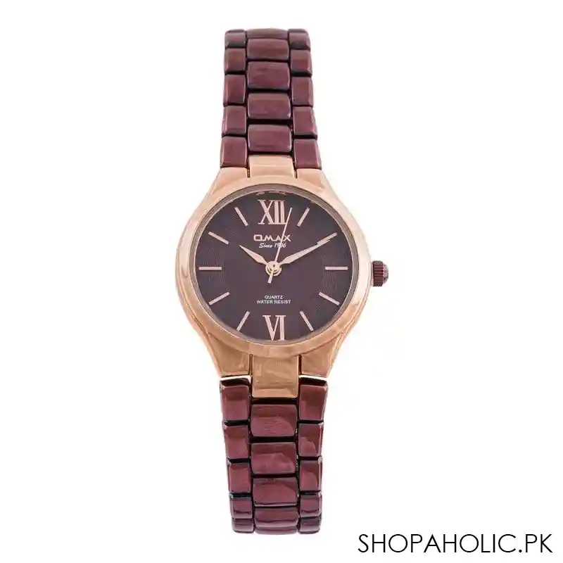 omax women's quartz water resist rust gold round dial with maroon bracelet analog watch, cfs001n004 main image