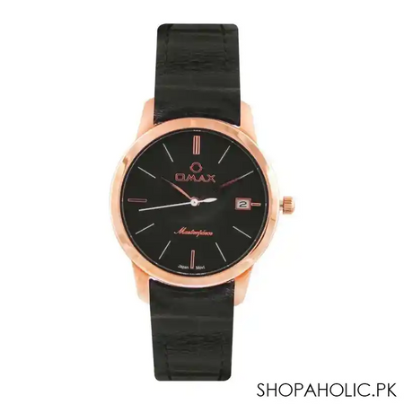 omax women's rose gold round dial with black background & plain black strap analog watch, ml01r44i main image
