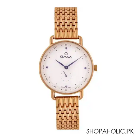 omax women's rose gold round dial with white background & golden bracelet analog watch, s0193 main image