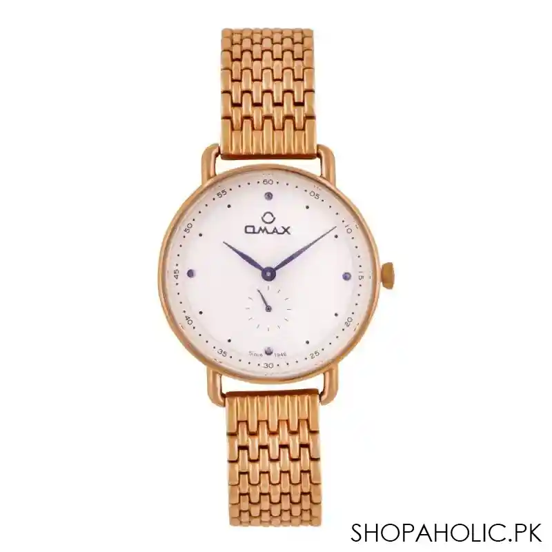 omax women's rose gold round dial with white background & golden bracelet analog watch, s0193 main image