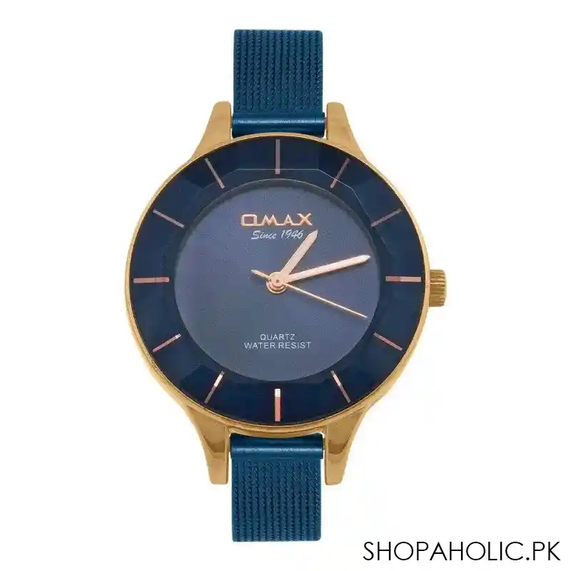 omax women's rust gold round dial with navy blue background & chain analog watch, fmb0266u04 main image