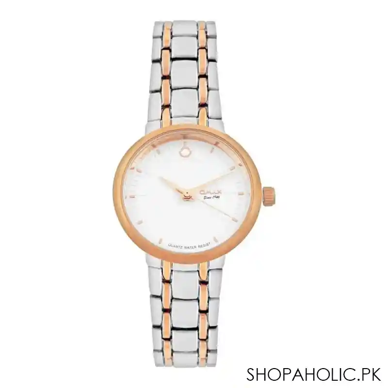 omax women's rust gold round dial with white background & two tone bracelet analog watch, odc004q002 main image