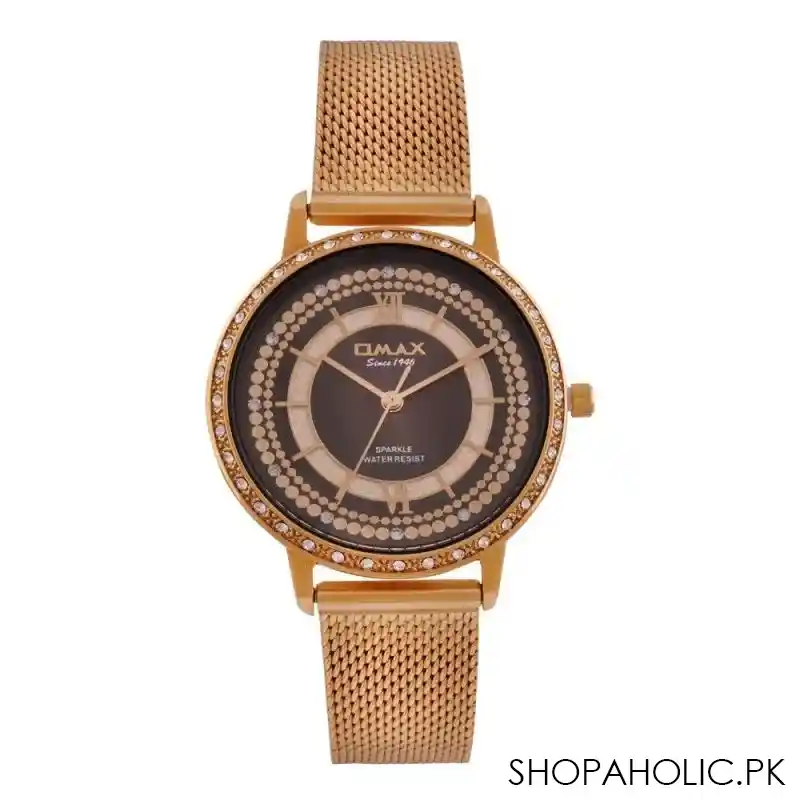 omax women's sparkle golden rust round dial with bracelet analog watch, spm02g21i main image