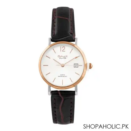 omax women's white round dial with black plain strap analog watch, hdl07r35i main image