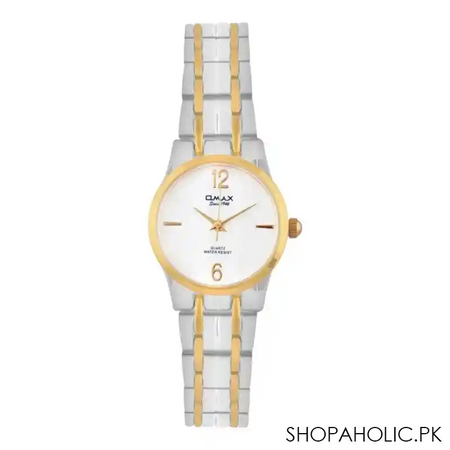 omax women's white round dial with golden case & two tone bracelet analog watch, hsa078n018 main image