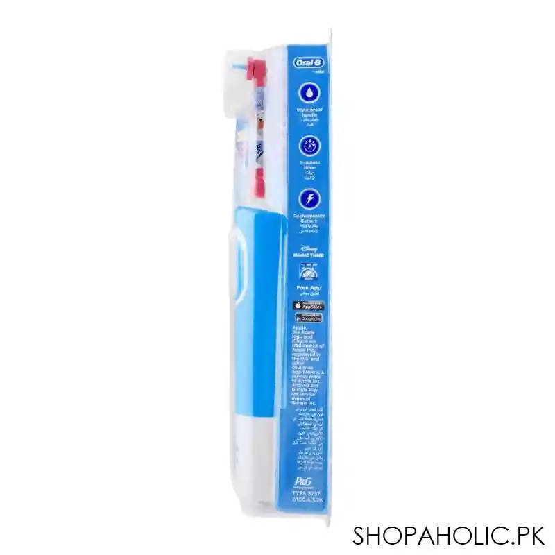oral b frozen kids rechargeable electric toothbrush, with 4 handle stickers, blue/white, d100.413.2k image4