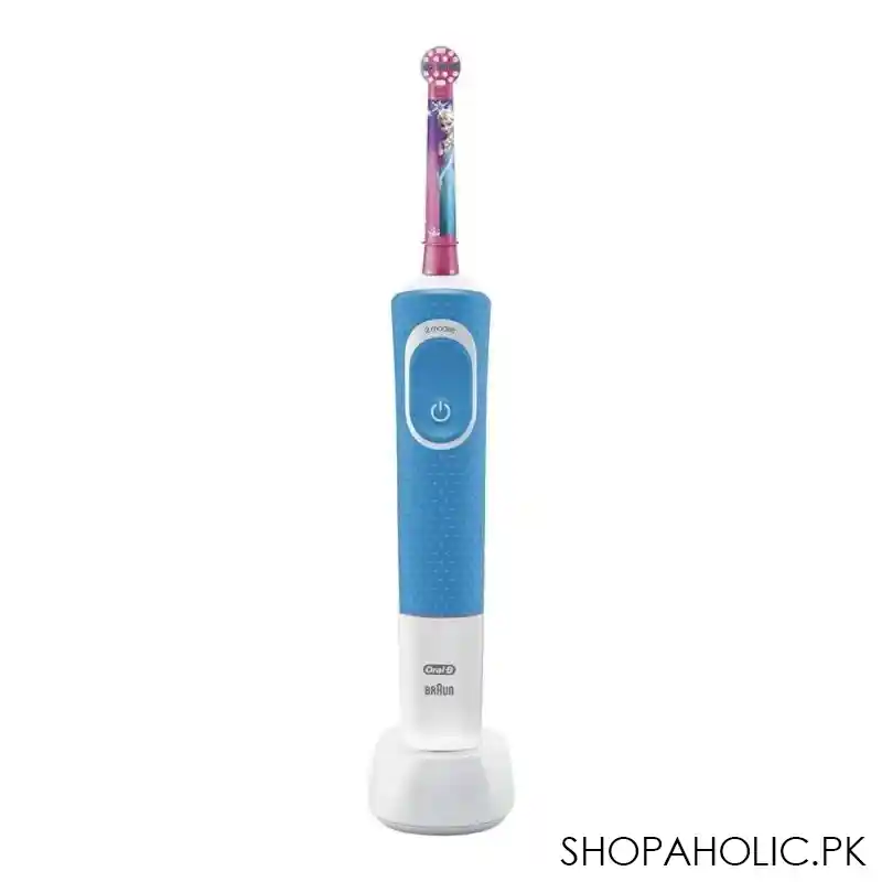 oral b frozen kids rechargeable electric toothbrush, with 4 handle stickers, blue/white, d100.413.2k main image