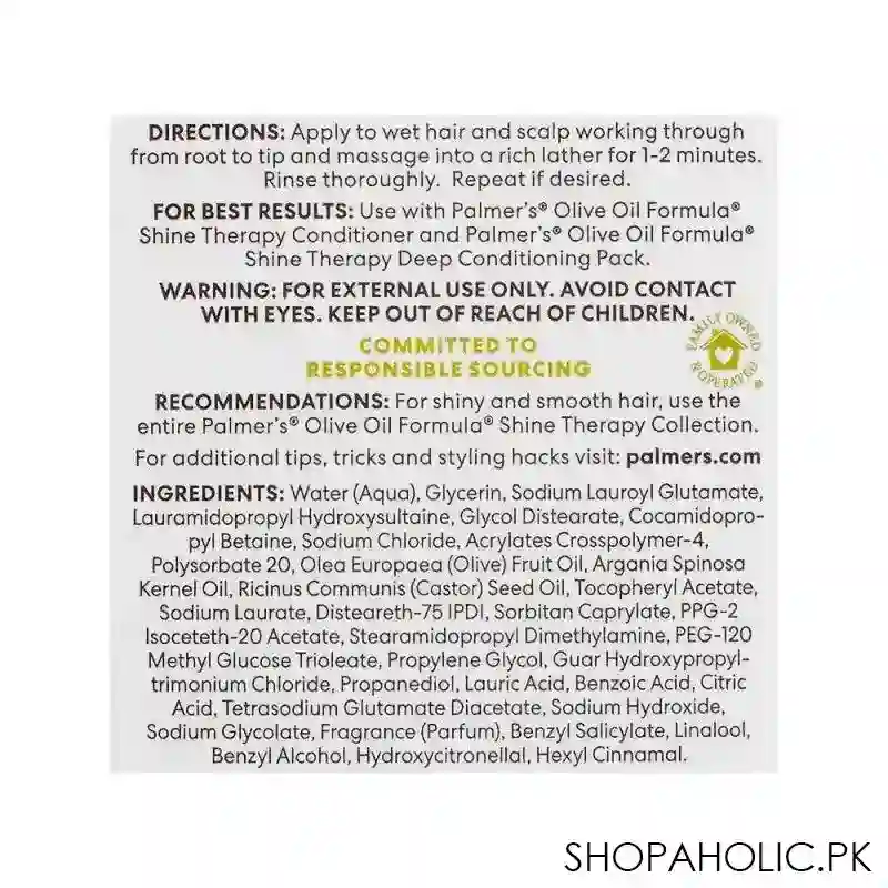 palmer's olive oil shine therapy shampoo with jamaican black + castor oil, for dull, dry or frizzy prone hair, 400ml image3