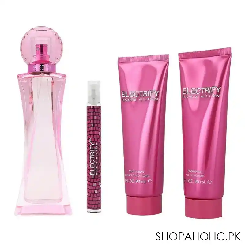 paris hilton electrify set, for women, eau de parfum 100ml & 10ml + body lotion 90ml + shower gel 90ml main image