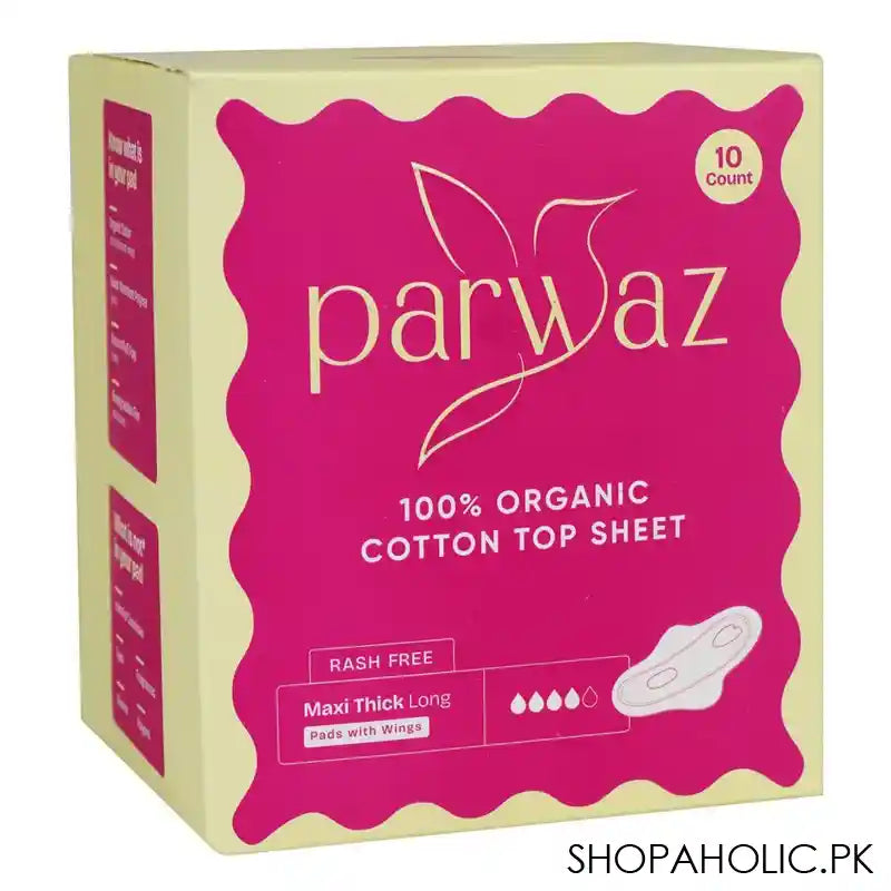 Parwaz 100% Organic Cotton Top Sheet Maxi Thick Long Pads With Wings, Rash Free, 10-Pack - Main Image