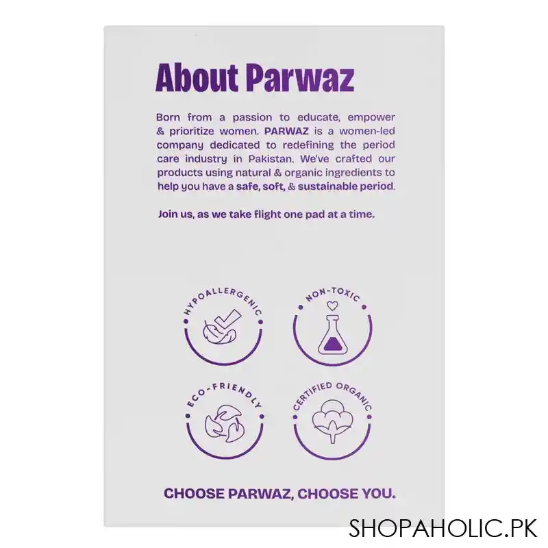 Parwaz 100% Organic Cotton Top Sheet Overnight Maxi Thick Pads With Wings, Rash Free, 8-Pack - Image 3