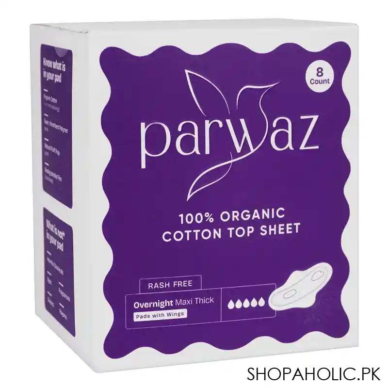 Parwaz 100% Organic Cotton Top Sheet Overnight Maxi Thick Pads With Wings, Rash Free, 8-Pack - Main Image