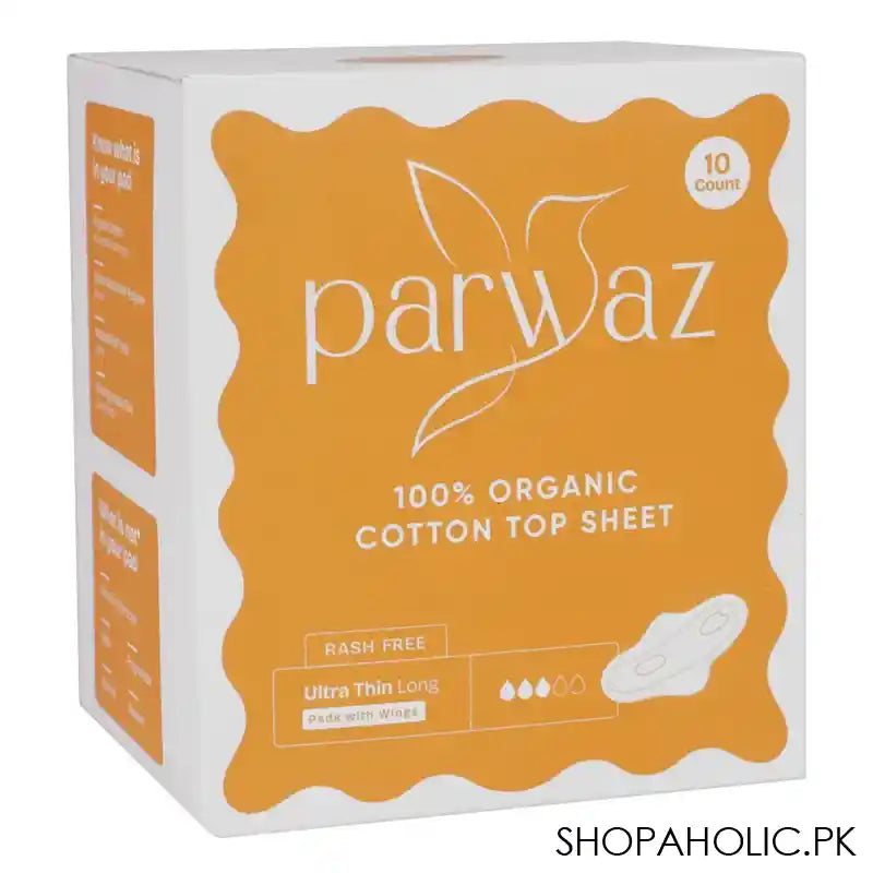 Parwaz 100% Organic Cotton Top Sheet Ultra Thin Long Pads With Wings, Rash Free, 10-Pack - Main Image