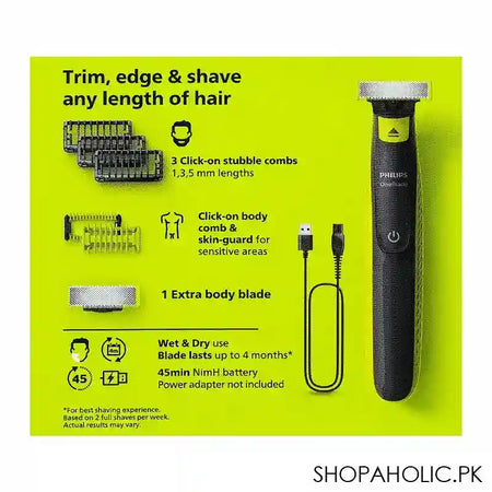 Philips One Blade Face & Body Trimmer, Dual-Sided, Long Battery, Waterproof, QP2824/10 - Image 6