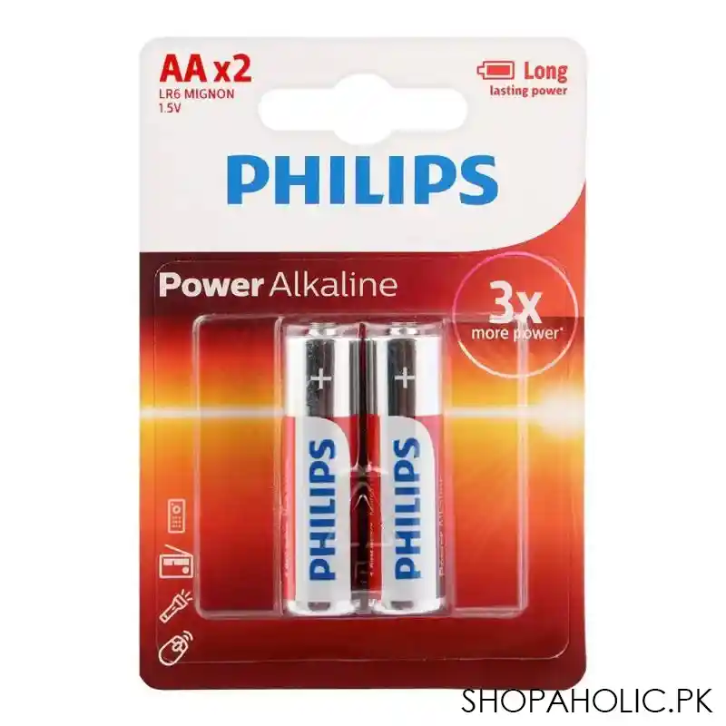 philips power alkaline aa batteries, 2 pack, lr6p2b/97 main image