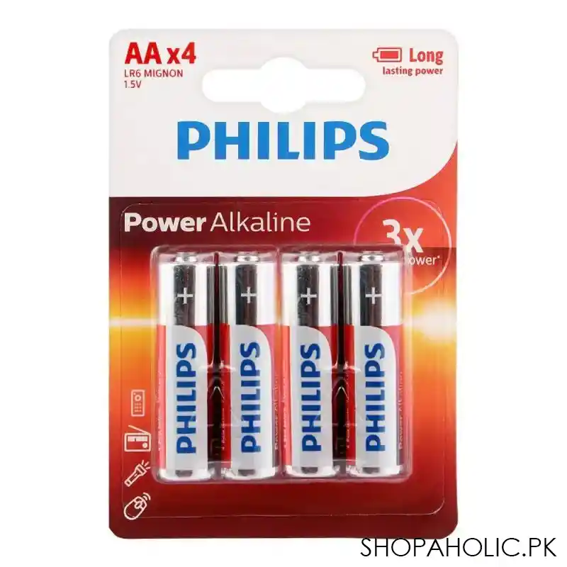 philips power alkaline aa batteries, 4 pack, lr6p4b/97 main image