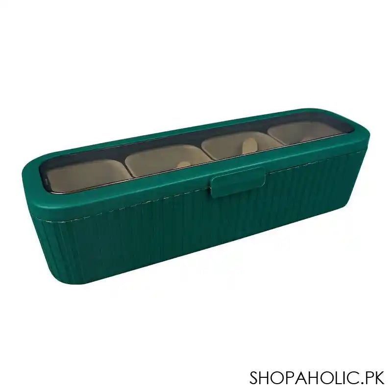 Plastic 4 Portions Seasoning Box With Jars & Spoons, Kitchen Spice Master Set, Green, 100652 - Image 4
